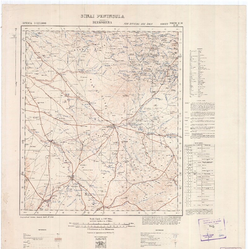 KL5M\7452 חצי האי סיני. מפה טופוגרפית, גיליון באר שבע (BEERSHEBA) מתוך סדרת מפות טופוגרפיה של אפריקה בקנה מידה 1:125,000. 1915. מתוך אוסף מפות קק"ל ההיסטוריות בארכיון הציוני המרכזי