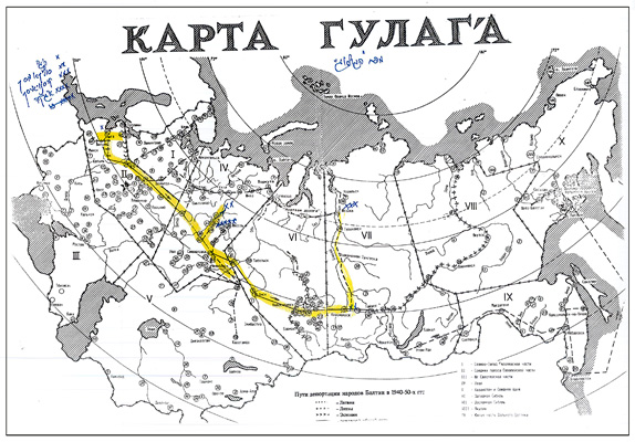 מפת הגולאגים מתוך מסמכי ארכיון קק"ל בנוגע לפנחס נטרביץ