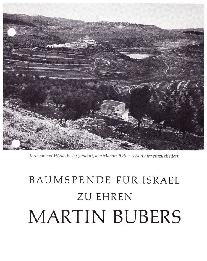 עלון התרמה למען יער מרטין בובר כולל תמונה של המיקום המקורי עבור היער בירושלים
